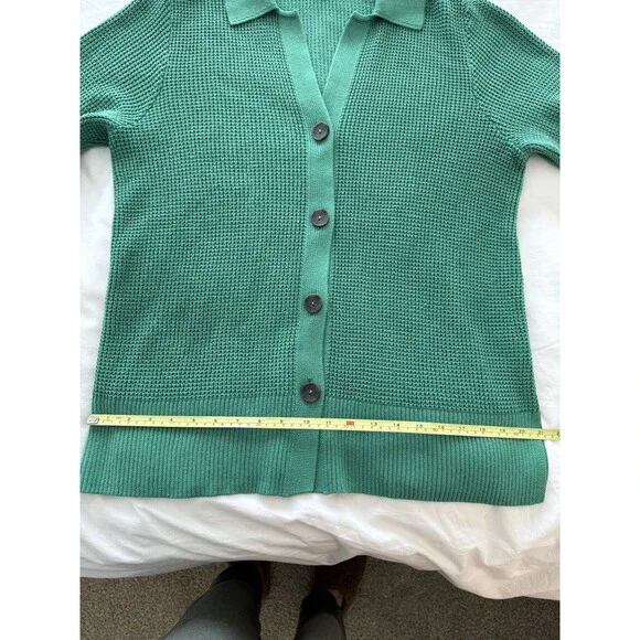 J. Jill Green Waffle Knit Collared Button Up Classic Cardigan Women's Size Med. - Picture 13 of 16